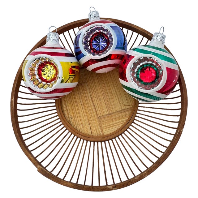 1990s Kurt Adler Style Colorful Reflector Striped Ornaments- Set of Three For Sale