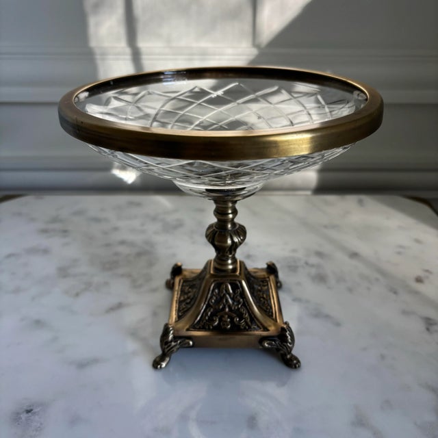 Art Nouveau Vintage Early 1900s Cut Glass Ornate Gold Pedestal Bowl For Sale - Image 3 of 10