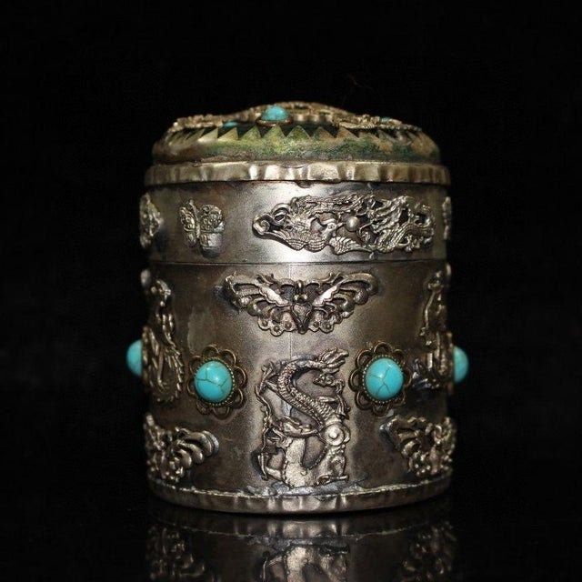Vintage Tibetan Silver-Plated Tea Caddy With Turquoise Dragons For Sale - Image 4 of 9