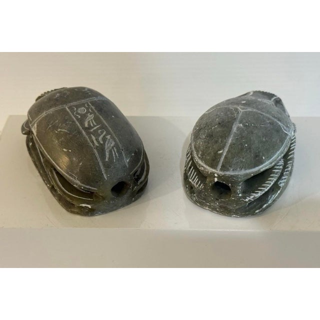 Pair Vintage Egyptian Revival Hand Carved Soap Stone Scarab Figurines With Hieroglyphics For Sale In Phoenix - Image 6 of 12
