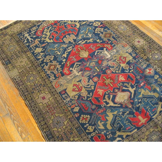 1930s 1930s Blue Rustic Geometric Antique Caucasian Rug 4' 2'' X 5' 9'' Knotted Wool Carpet For Sale - Image 5 of 9