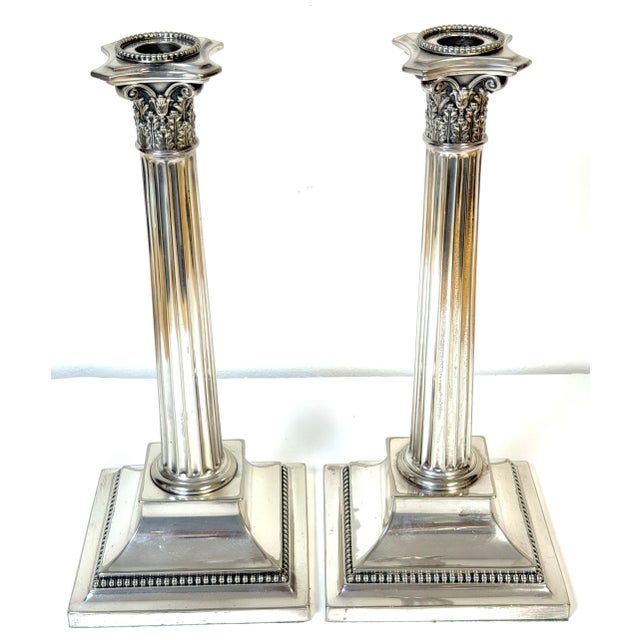 Metal Pair of Sheffield Plated Corinthian Column Candlesticks Attributed to Elkington For Sale - Image 7 of 12