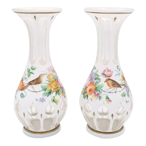 Pair of Baccarat Cased, Engraved, and Painted Vases With Gilding, France Circa 1850