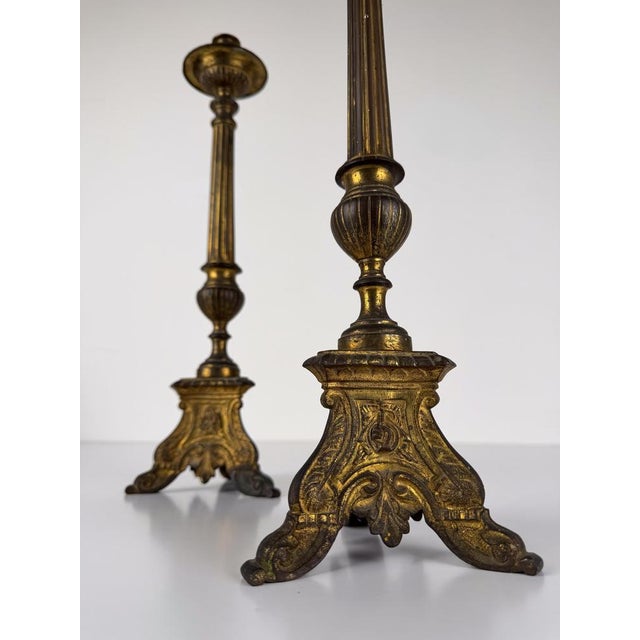 Metal Italian Baroque Style Church Candlesticks in Gilt Bronze, Set of 2 For Sale - Image 7 of 17