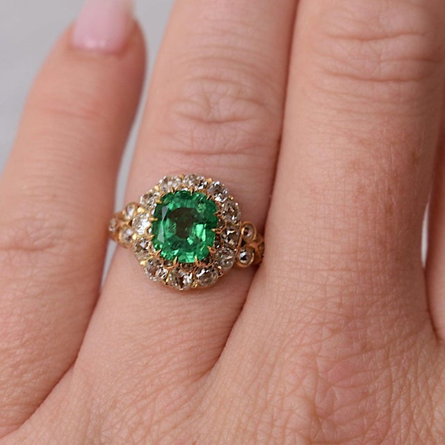 Green Antique Natural Emerald & Diamond Double Halo Cocktail Ring — Victorian Era, Size 6.5 For Sale - Image 8 of 8