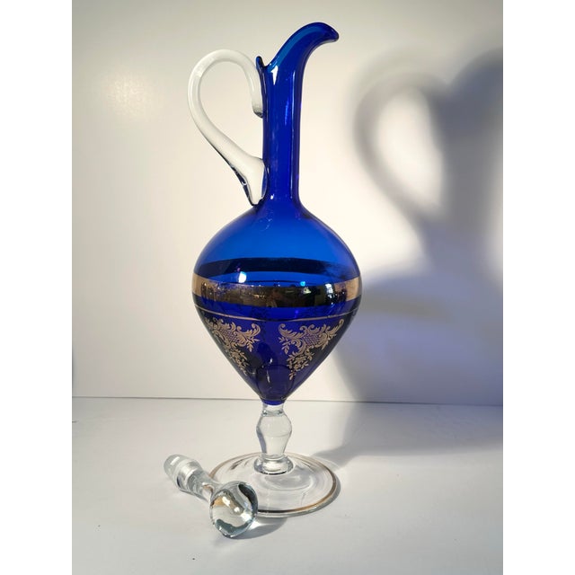 Vintage Bohemian Cobalt Glass Decanter and Six Wine Glass Set For Sale - Image 6 of 11