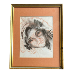 Original Pastel & Charcoal Portrait of a Girl in Gold Frame