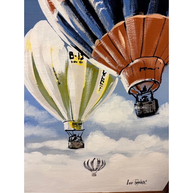 Cornflower Blue X- Large, Vintage Mid-Century Modern Lee Reynolds Hot Air Balloon and Cloud Scape Oil Painting For Sale - Image 8 of 11