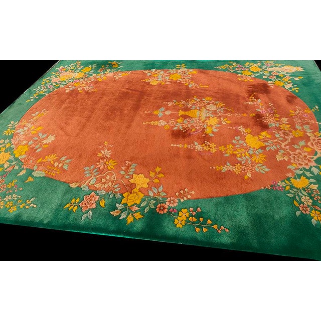 1920s Orange Open Field Floral Modern Antique Chinese Art Deco Knotted Wool Rug For Sale - Image 10 of 11