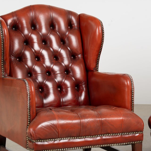 Traditional Pair of 20th Century Danish Oxblood Leather Chesterfield Wingback Club Chairs For Sale - Image 3 of 18
