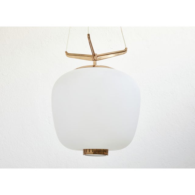 Mid-Century Modern Opaline Glass and Brass Chandelier from Stilnovo, Italy, 1950s For Sale - Image 3 of 9