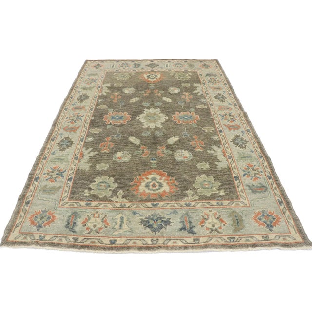 Modern Earth-Tone Turkish Oushak Rug - 05'02 X 07'06 For Sale - Image 3 of 9