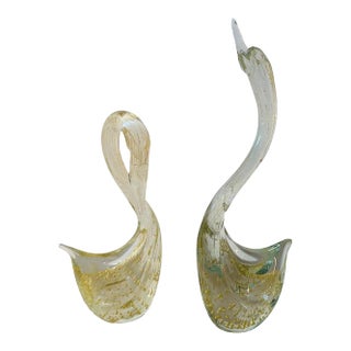 Two 1960s Modernist Clear and Gold Murano Glass Sculptures of Swan For Sale