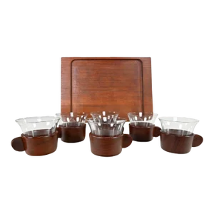 Vintage Mid Century Modern Galatix Hand Made Burma Teak Tea Service Set of 6 With Tray