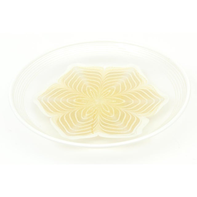 This gorgeous round Italian Murano vintage hand blown glass bowl or serving bowl has a white thick rim with 4 circular...