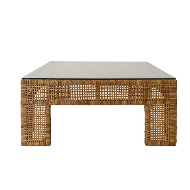 Traditional Matthew Izzo Home - Charlie Square Glass Top Rattan Coffee Table For Sale - Image 3 of 7