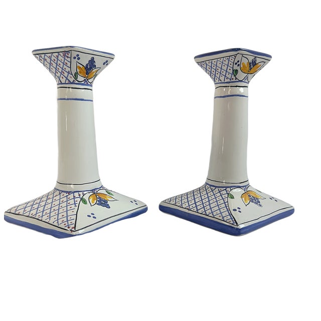 Traditional Vintage Tiffany & Co. Hand-Painted Portuguese Blue and White Candlesticks - A Pair For Sale - Image 3 of 7