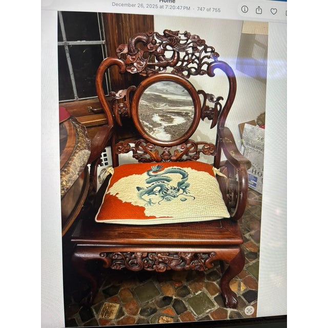 Pair of Mid Century Chinese Asian Rosewood Arm Chairs With Matching Dream Stone (Marble) Inserts, Elaborate Carving, Needlepoint Seat Cushions For Sale - Image 13 of 18