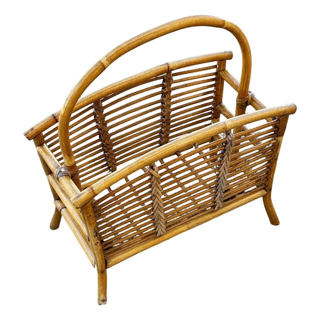 Yellow Restored Mid 20th Century Stacked Reed Rattan Magazine Rack For Sale - Image 8 of 8