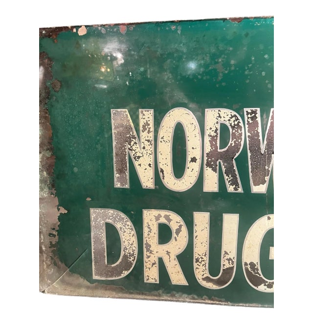 Industrial Vintage 1950’s Drug Pharmacy Reverse Painted Glass Advertisement Sign for Norwell Drug Co. For Sale - Image 3 of 10