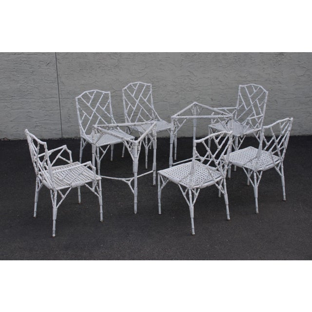 High Quality Vintage Cast Aluminum Set of Six Chinese Chippendale Style Outdoor Dining Chairs Along With Two Table Bases...