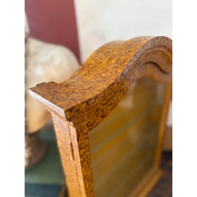 Brown Vintage Italian Burlwood Finish Hanging Wall Curio Cabinet Glass Shelves Made in Italy For Sale - Image 8 of 12