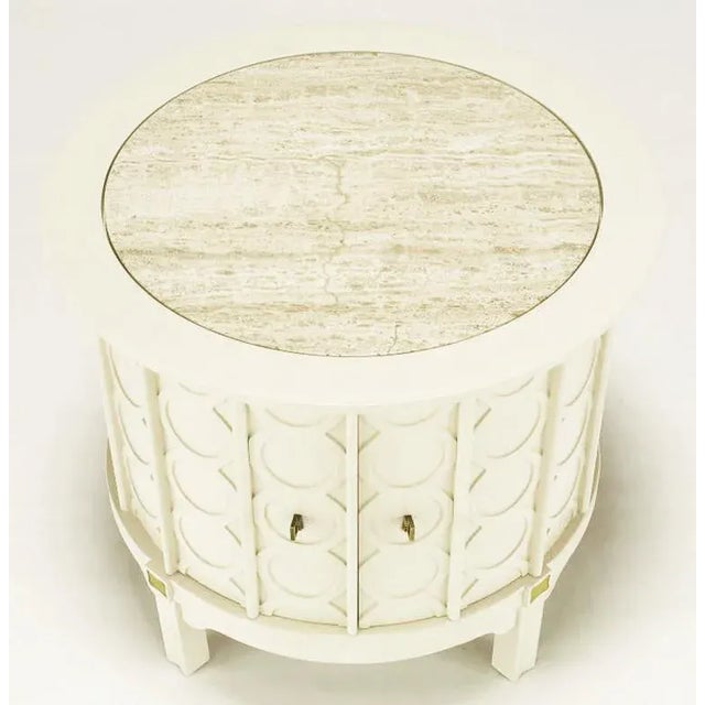 Bone Lacquer Cylinder Tables With Travertine Inlaid Tops - a Pair For Sale In Chicago - Image 6 of 11