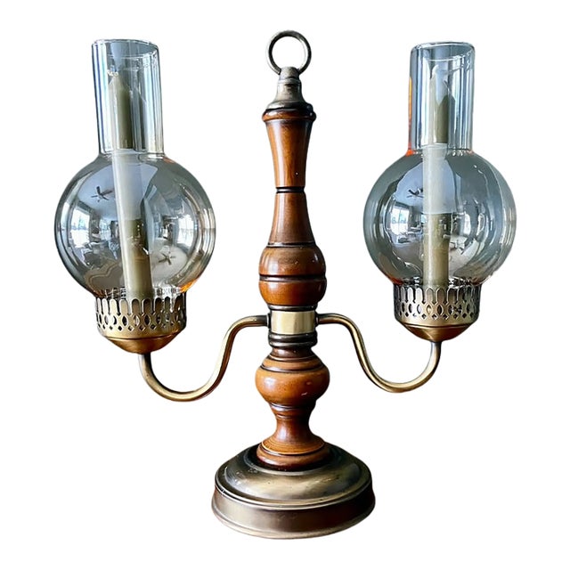 Vintage Brass and Wood Candelabra With Two Hurricane Glass Shades For Sale