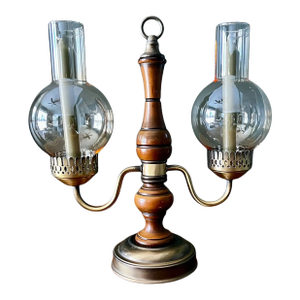 Vintage Brass and Wood Candelabra With Two Hurricane Glass Shades