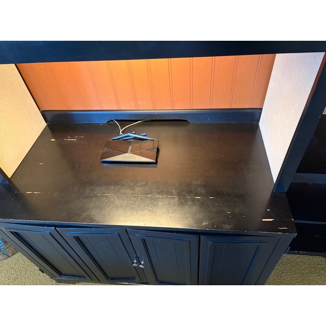 Wood Attributed to Hooker Furniture Computer Credenza Desk/Workstation With Lighted Hutch and Glass Door Display Sections. For Sale - Image 7 of 13