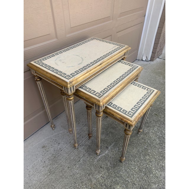 Italian Greek Key Nesting Tables in Aged Silver Leaf & Gilt, Set of Three For Sale - Image 4 of 13