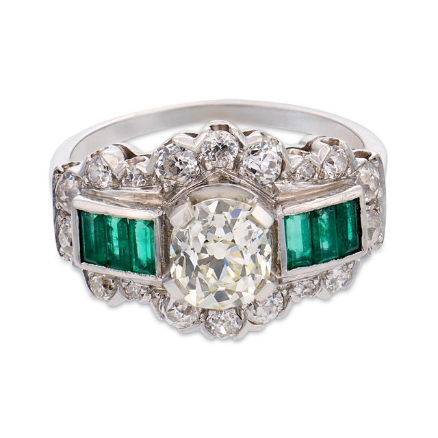 Art Deco 1930s Art Deco Gia 1.19 Carat Old Mine Cut Diamond Emerald Platinum Engagement Ring, Size 8 For Sale - Image 3 of 8