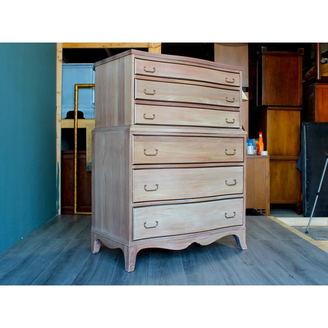 1970's Solid built mahogany highboy of six drawers This mahogany highboy was refinished in whitewashed with gold painted...
