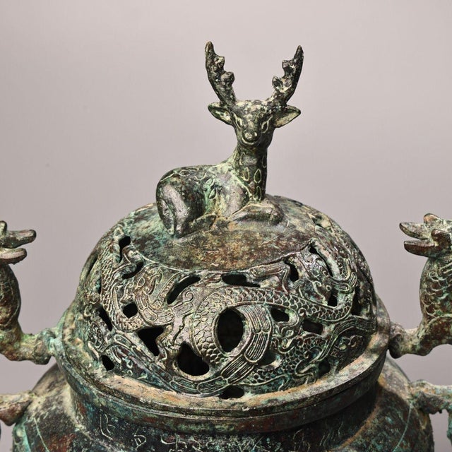 Late 19th Century Bronze Tripod Censer With Deer Finial, 2400g, Archaic Motifs For Sale In Los Angeles - Image 6 of 10