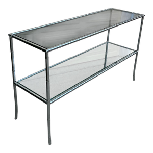 1970s Modern Chrome Faux Bamboo Glass Top Console / Sofa Table