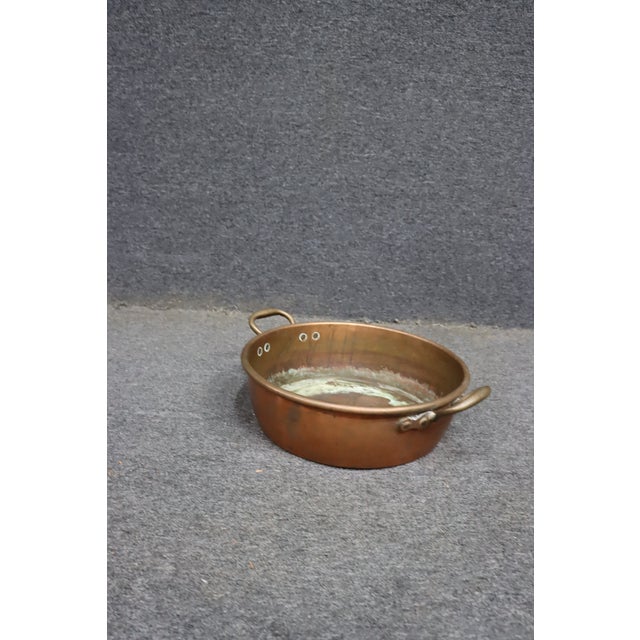 Metal Antique Copper Jam Pan With Riveted Brass Handles For Sale - Image 7 of 8