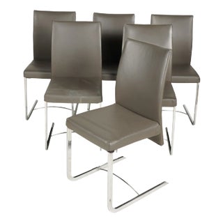 Set of Six Modernist Dining Chairs Plush Leather Chrome Hydraulic Adjustable Backrests For Sale