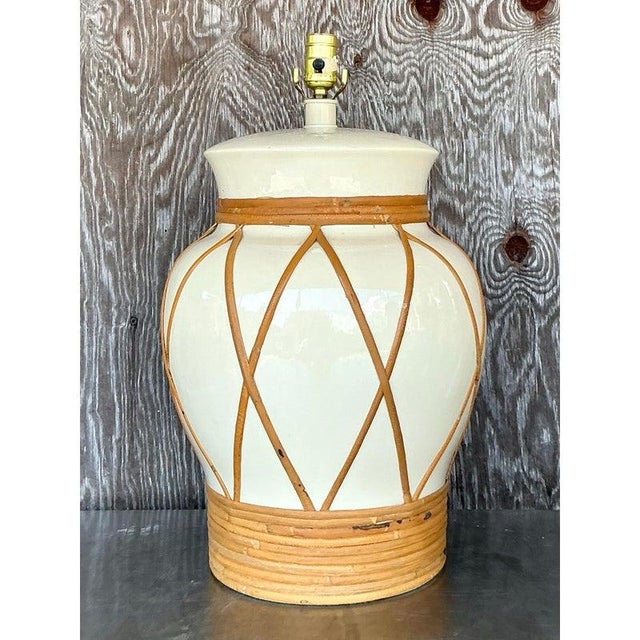 Vintage Boho Monumental Rattan Wrapped Urn Lamp For Sale - Image 4 of 9