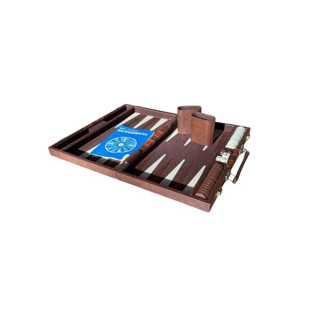 Textile Backgammon Brown Leatherette Handled Case For Sale - Image 7 of 10