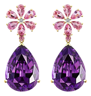 Nina Zhou Pink Sapphire Diamond Blossom Amethyst Drop Earrings in 14k Yellow Gold - a Pair