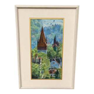 Framed European Village Landscape Watercolor, Signed Florence Strauss For Sale