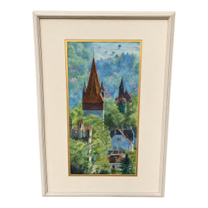 Framed European Village Landscape Watercolor, Signed Florence Strauss