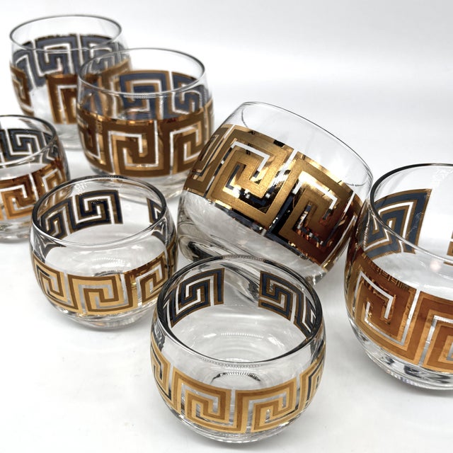 Mid-Century Modern Vintage 22k Gold Greek Key Double Old Fashioned & Rocks Glasses Set of 8 For Sale - Image 3 of 12