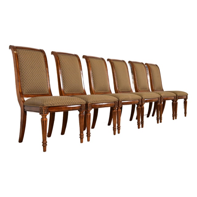 Ethan Allen French Regency Louis XVI Carved Cherry Wood Upholstered Dining Chairs, Set of Six For Sale