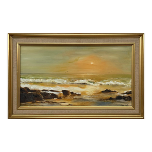 Golden Seascape with Waves Crashing onto Rocks at Sunset by 20th Century Artist 1980 Circa