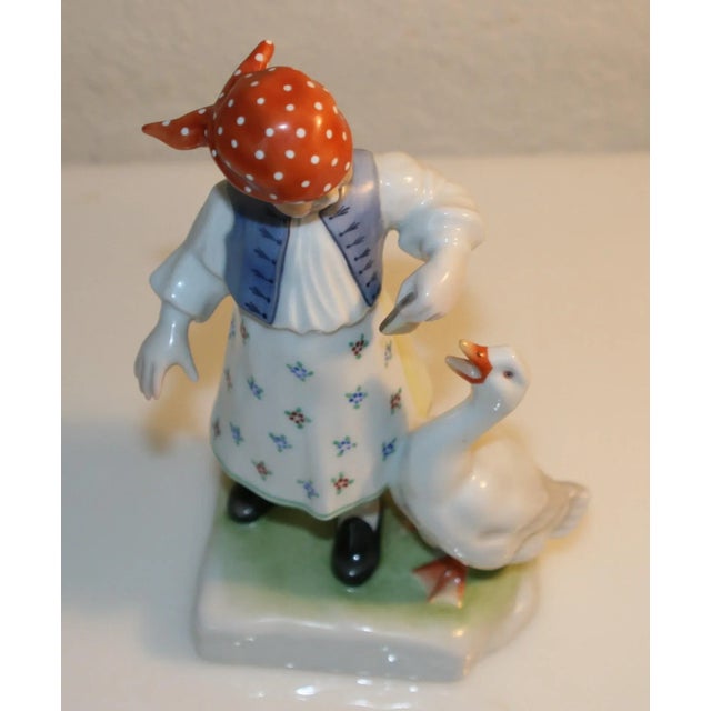 Herend Vintage 1930s Herend Porcelain Figurine 5565 Girl Feeding a Goose Hand-Painted For Sale - Image 4 of 7