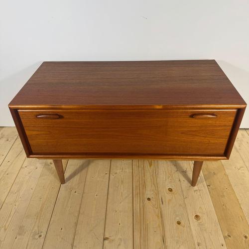 Wood Vintage Scandinavian Low Cabinet with Drop-Leaf Door in Teak, 1960s For Sale - Image 7 of 11