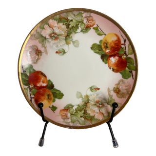 Antique Royal Rudolstadt Prussia Hand-Painted Apple Cabinet Plate With Blush Ground and Gilt Rim For Sale