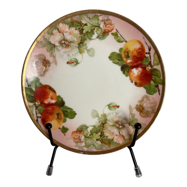 Antique Royal Rudolstadt Prussia Hand-Painted Apple Cabinet Plate With Blush Ground and Gilt Rim For Sale