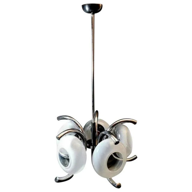 Goffredo Reggiani Style Italian Opaline Glass and Steel Chandelier For Sale - Image 13 of 13